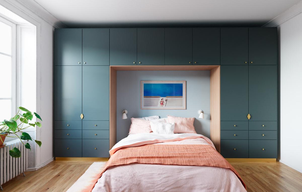 Projet Plum Living réalisé avec nos façades lisses en laque mate Bleu Paon